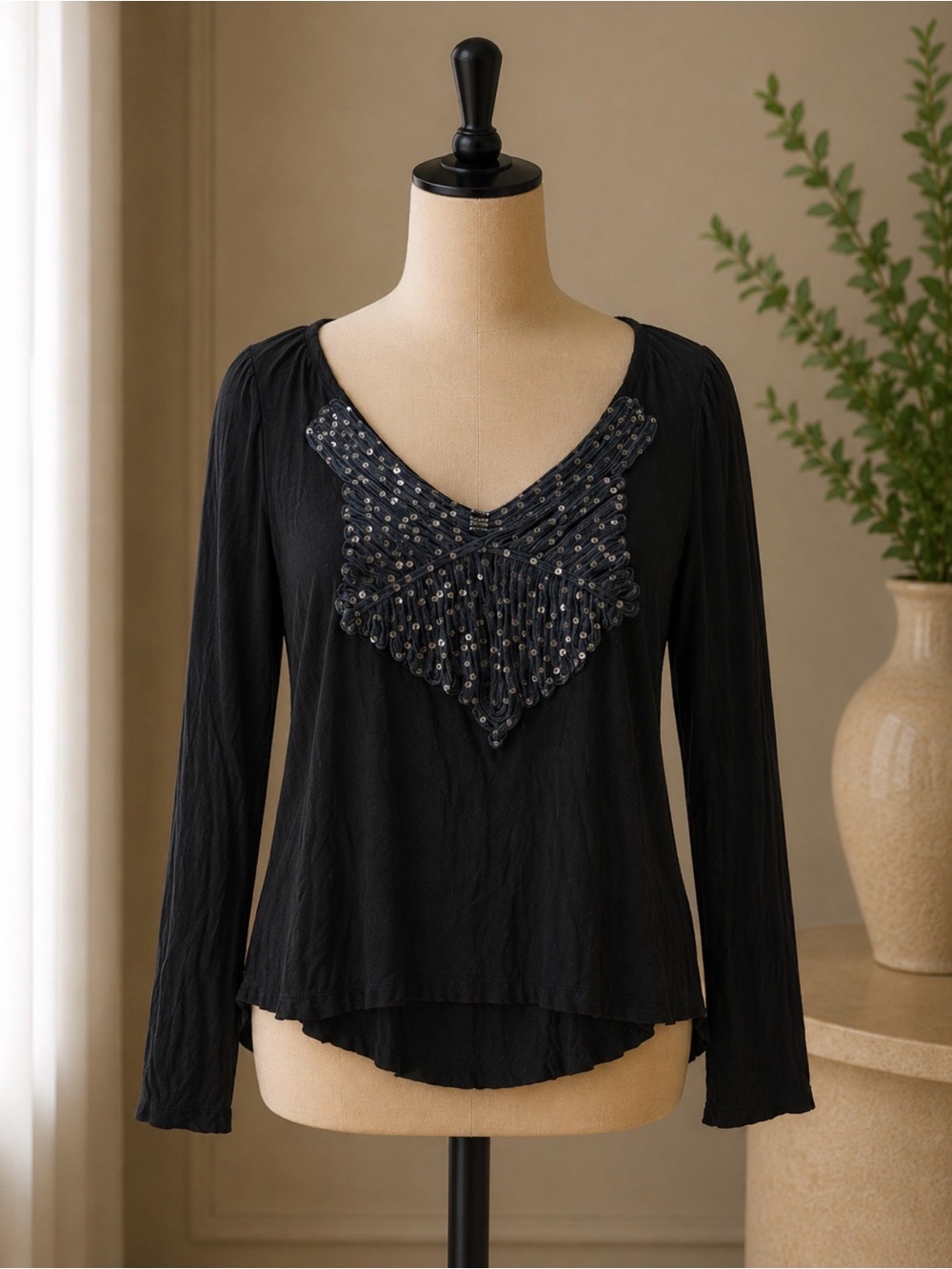 Daytrip Black Long-Sleeve V-Neck Top with Embellished